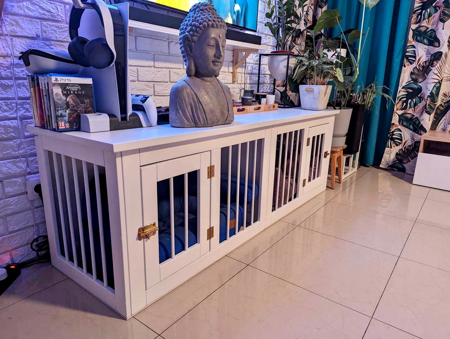Handcrafted White Wood Crate for Two Dogs - Stylish, Comfortable