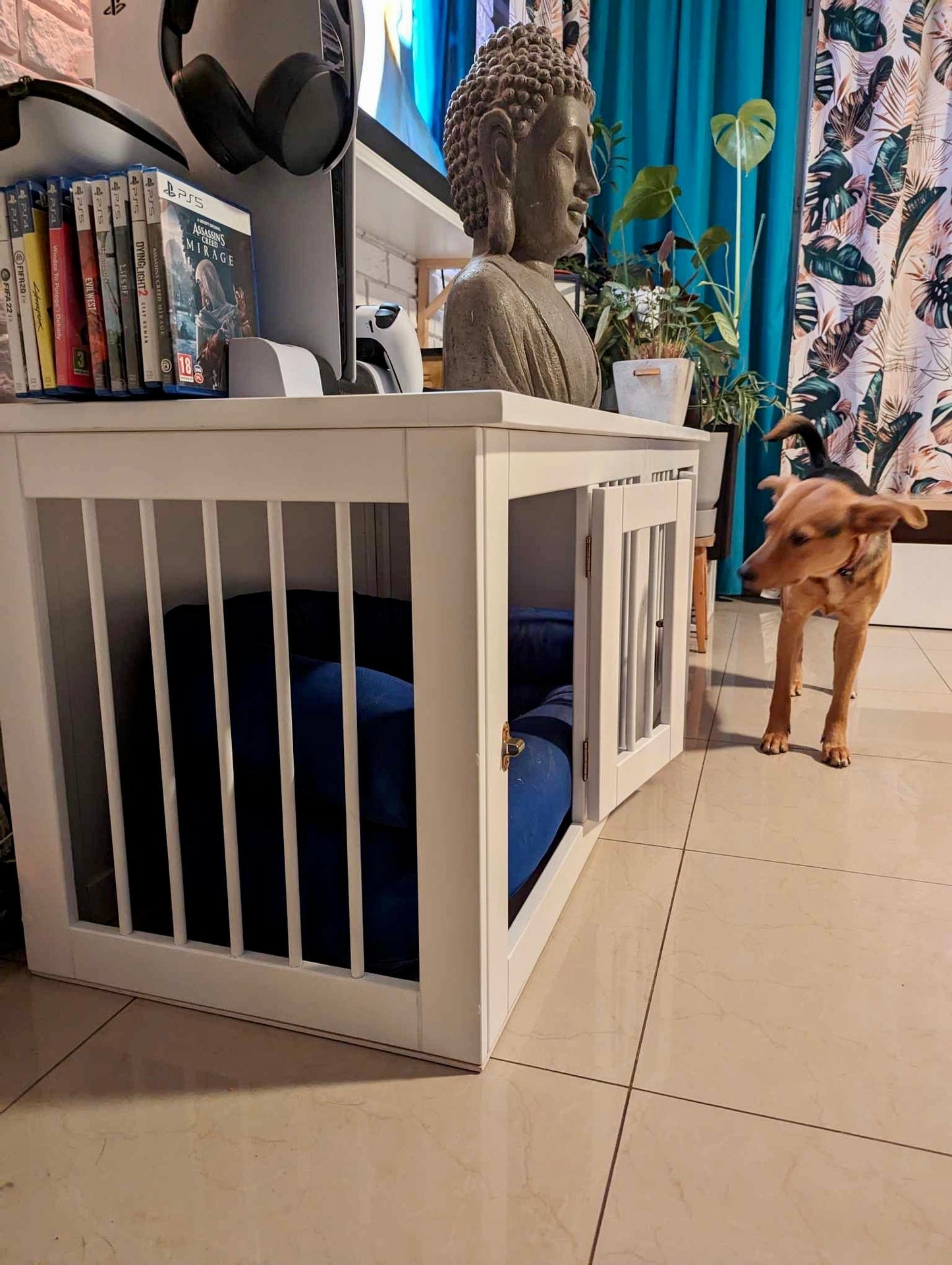 Handcrafted White Wood Crate for Two Dogs - Stylish, Comfortable