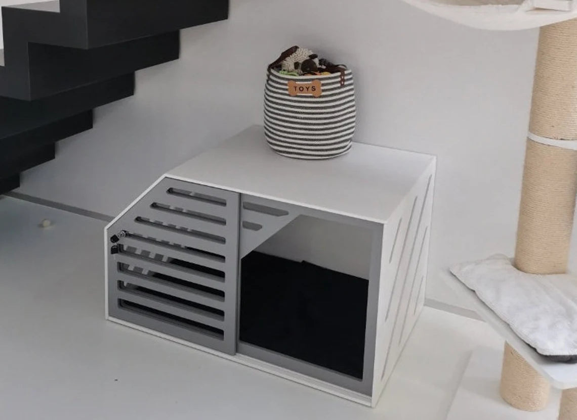 Blue + White Dog Crate Furniture - Elegant and Functional Pet Storage Solution