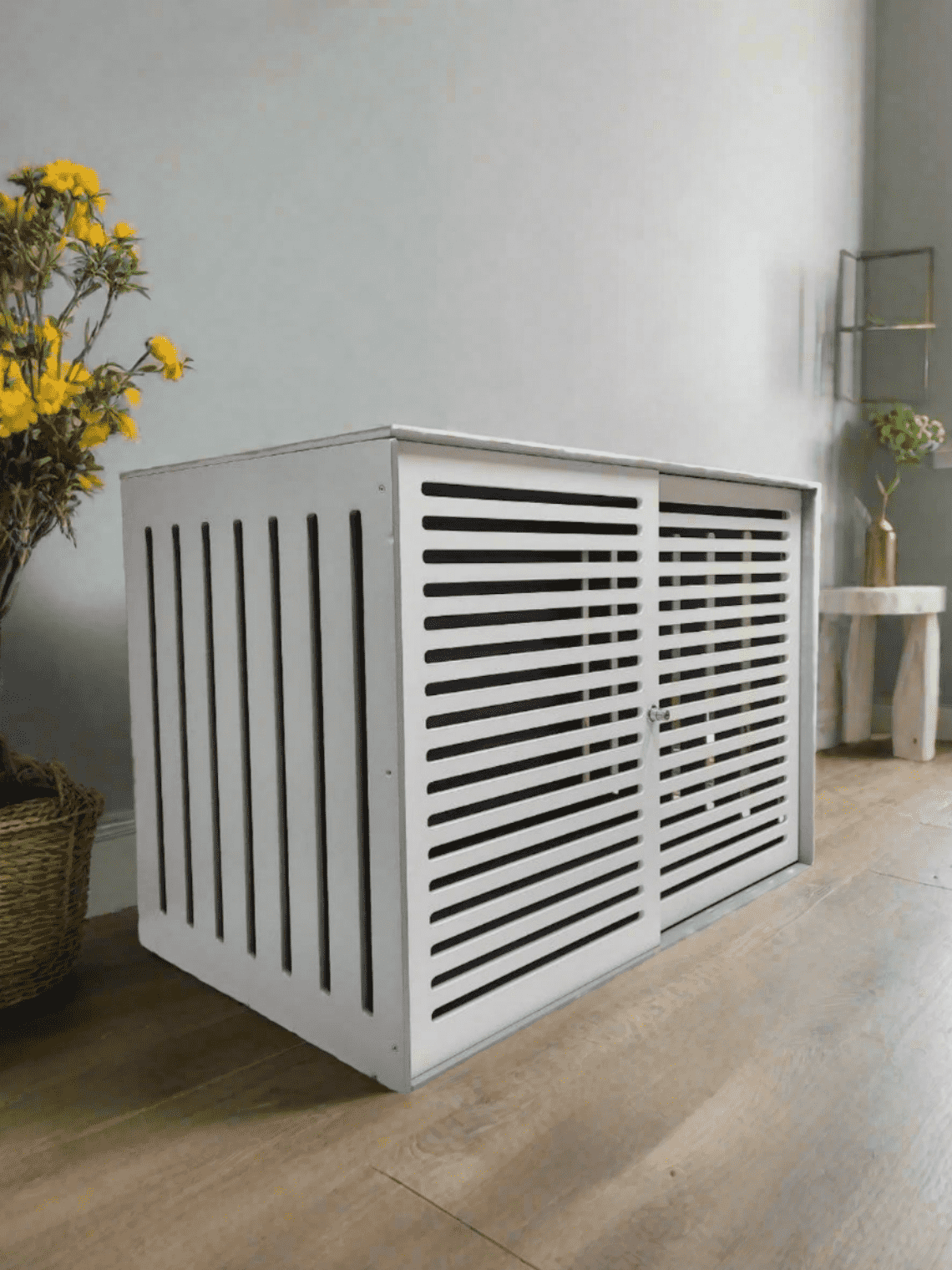 Contemporary Grey and White Dog Kennel - Stylish and Secure Home for Furry Friends