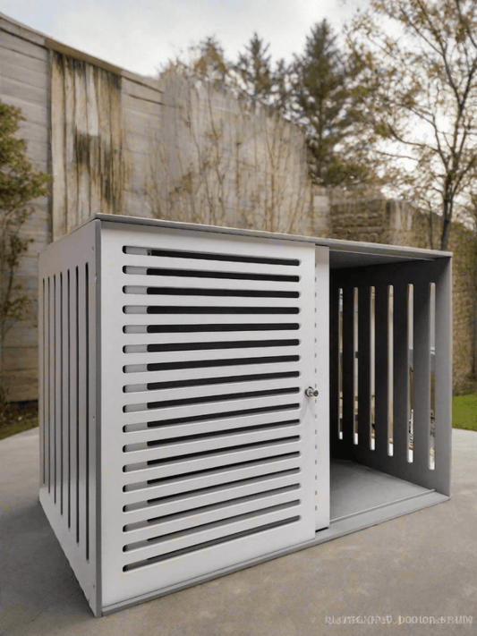 Contemporary Grey and White Dog Kennel - Stylish and Secure Home for Furry Friends
