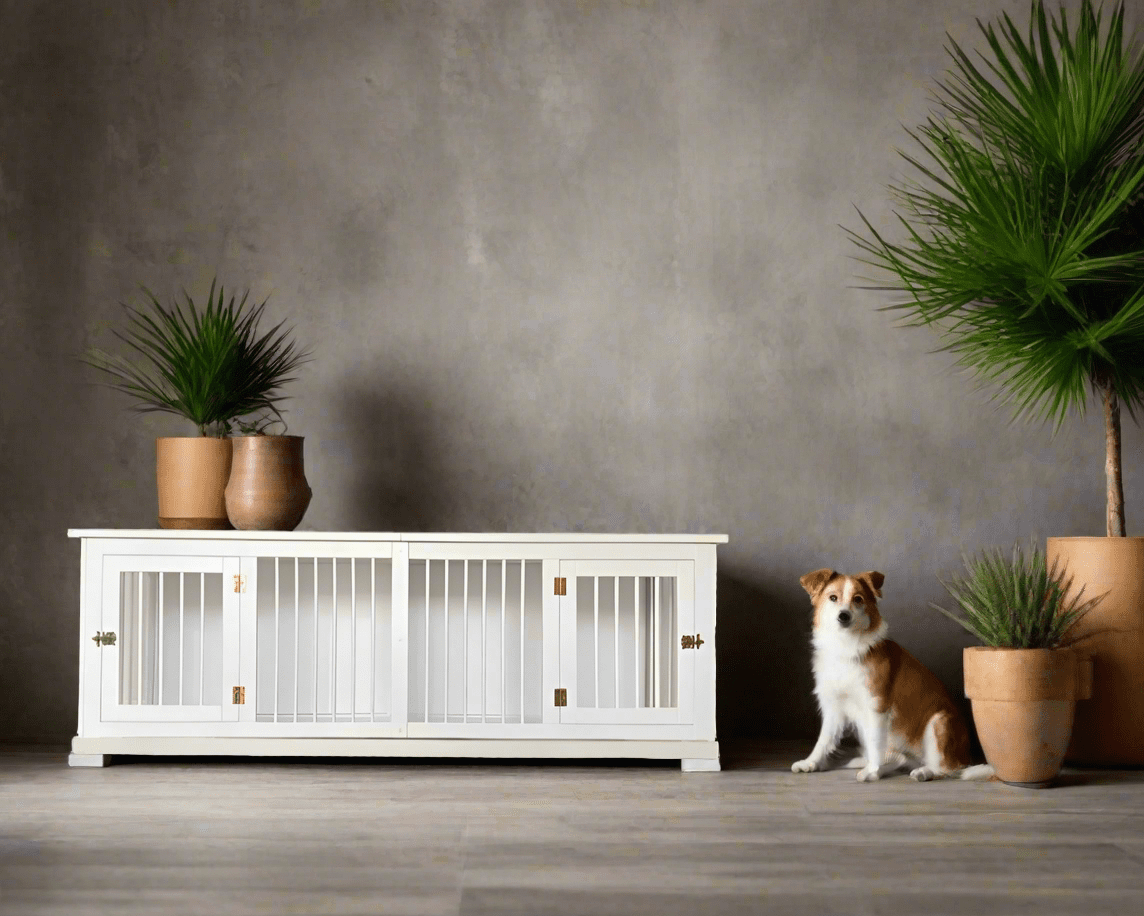 Handcrafted White Wood Crate for Two Dogs - Stylish, Comfortable, Durable