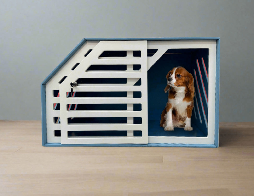 Blue + White Dog Crate Furniture - Elegant and Functional Pet Storage Solution