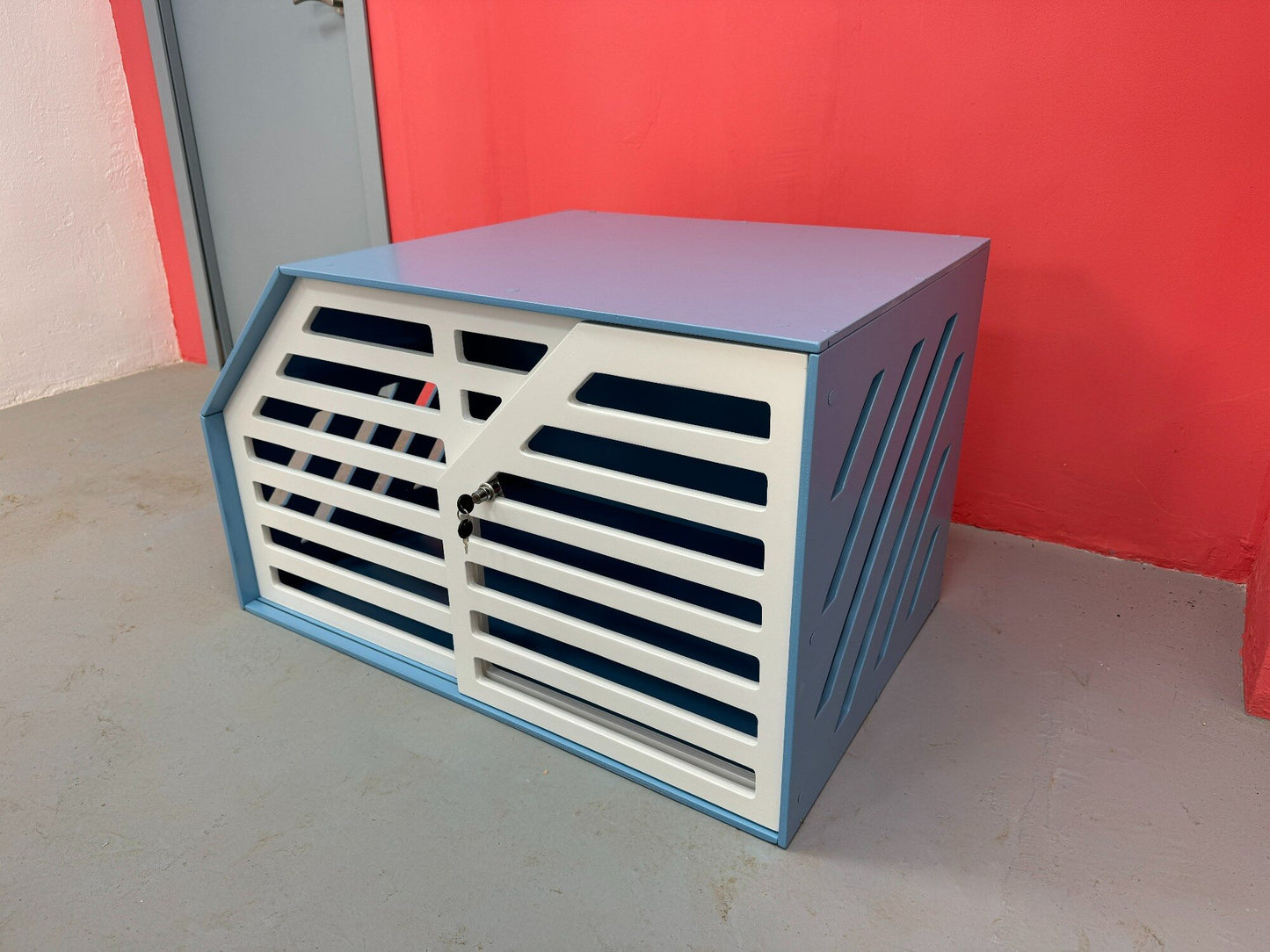 Blue + White Dog Crate Furniture - Elegant and Functional Pet Storage Solution