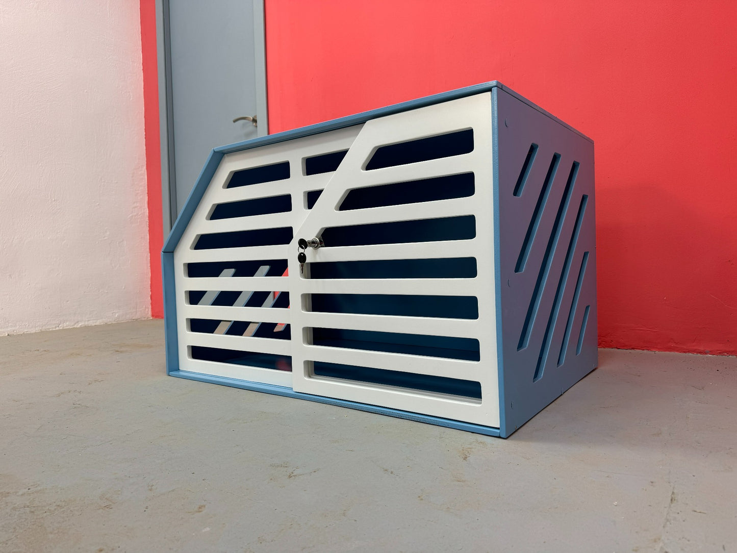 Blue + White Dog Crate Furniture - Elegant and Functional Pet Storage Solution