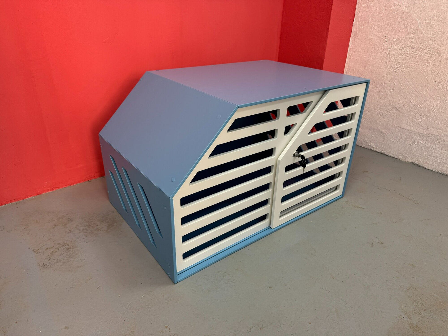 Blue + White Dog Crate Furniture - Elegant and Functional Pet Storage Solution