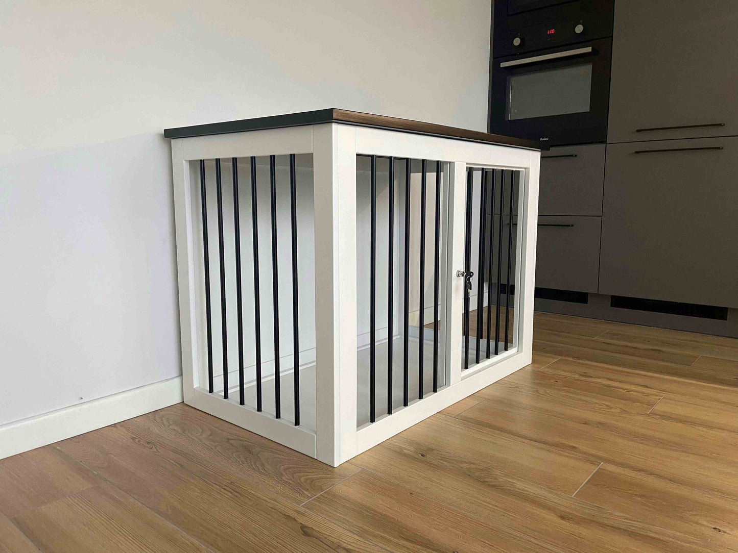 Safe and Elegant Black+White Dog Crate Furniture with Sliding Door