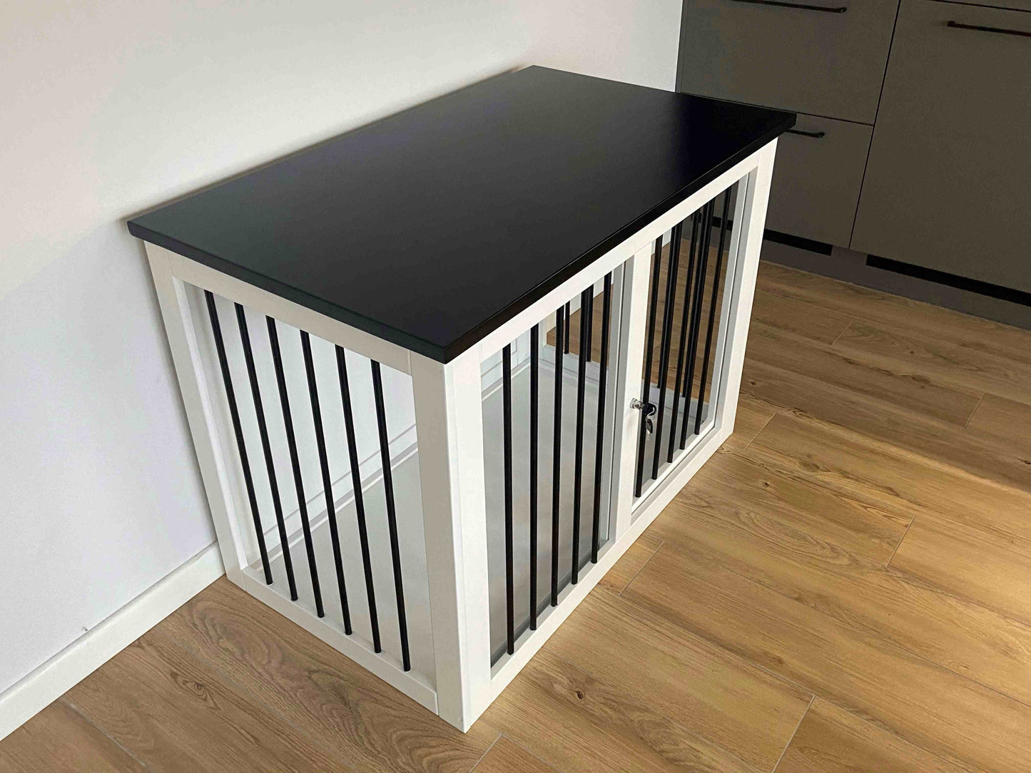 Safe and Elegant Black+White Dog Crate Furniture with Sliding Door