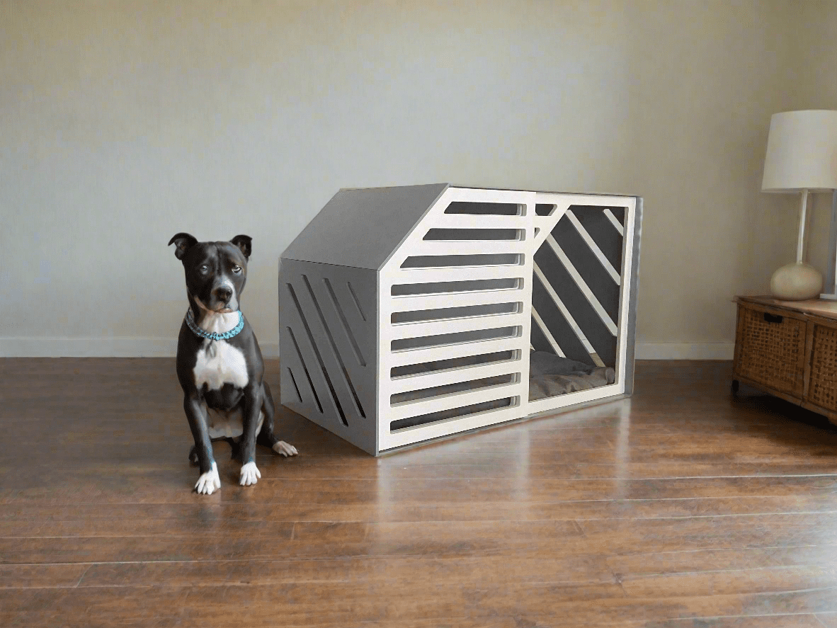 Contemporary Grey Dog Crate - Stylish Wooden Pet Home