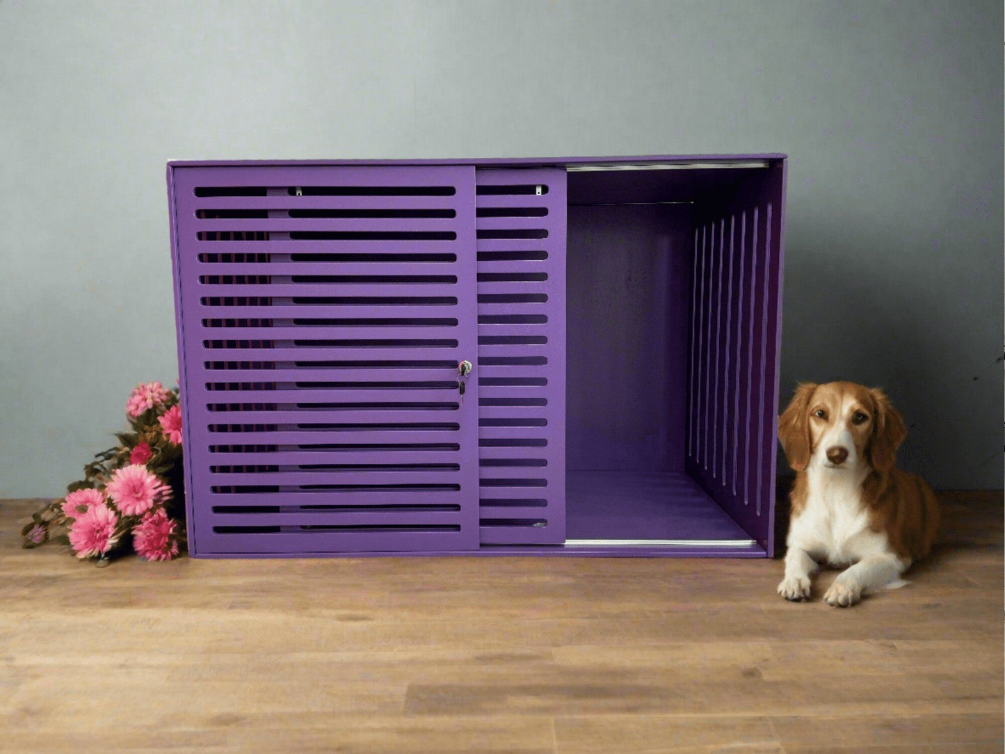 Violet Comfortable Dog Safe House - Modern Brown Cage with Sliding Door